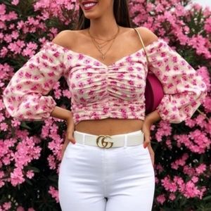 ZARA Blogger Floral Puff Sleeve Draped Crop Top S